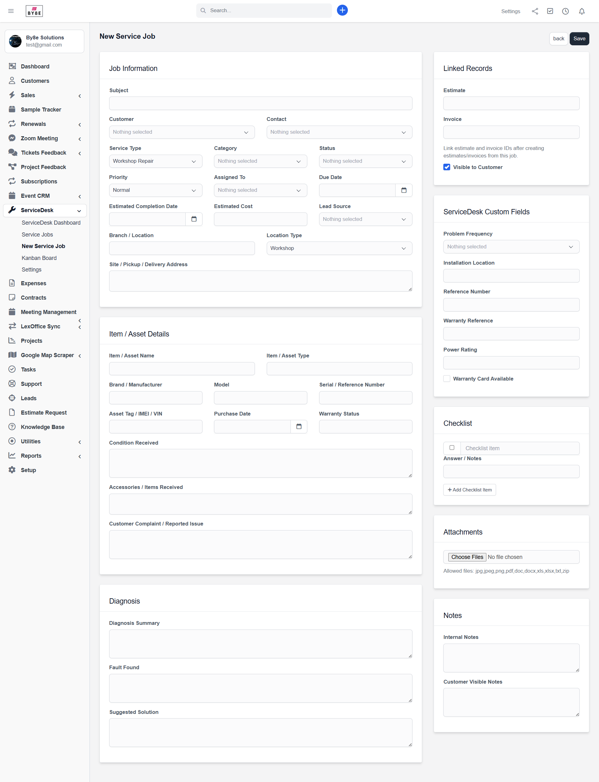 Create new service job form
