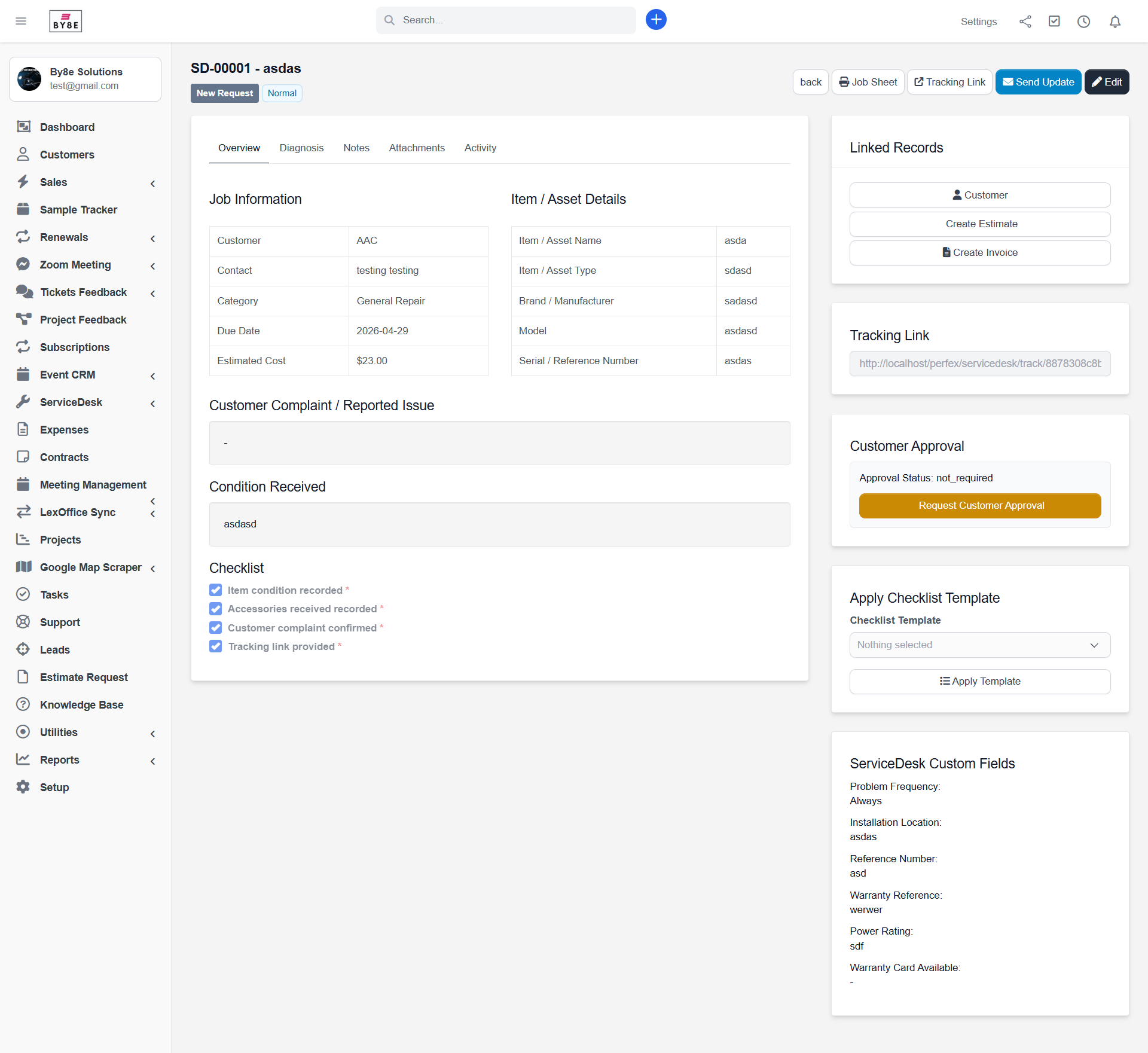 Service job detail screen