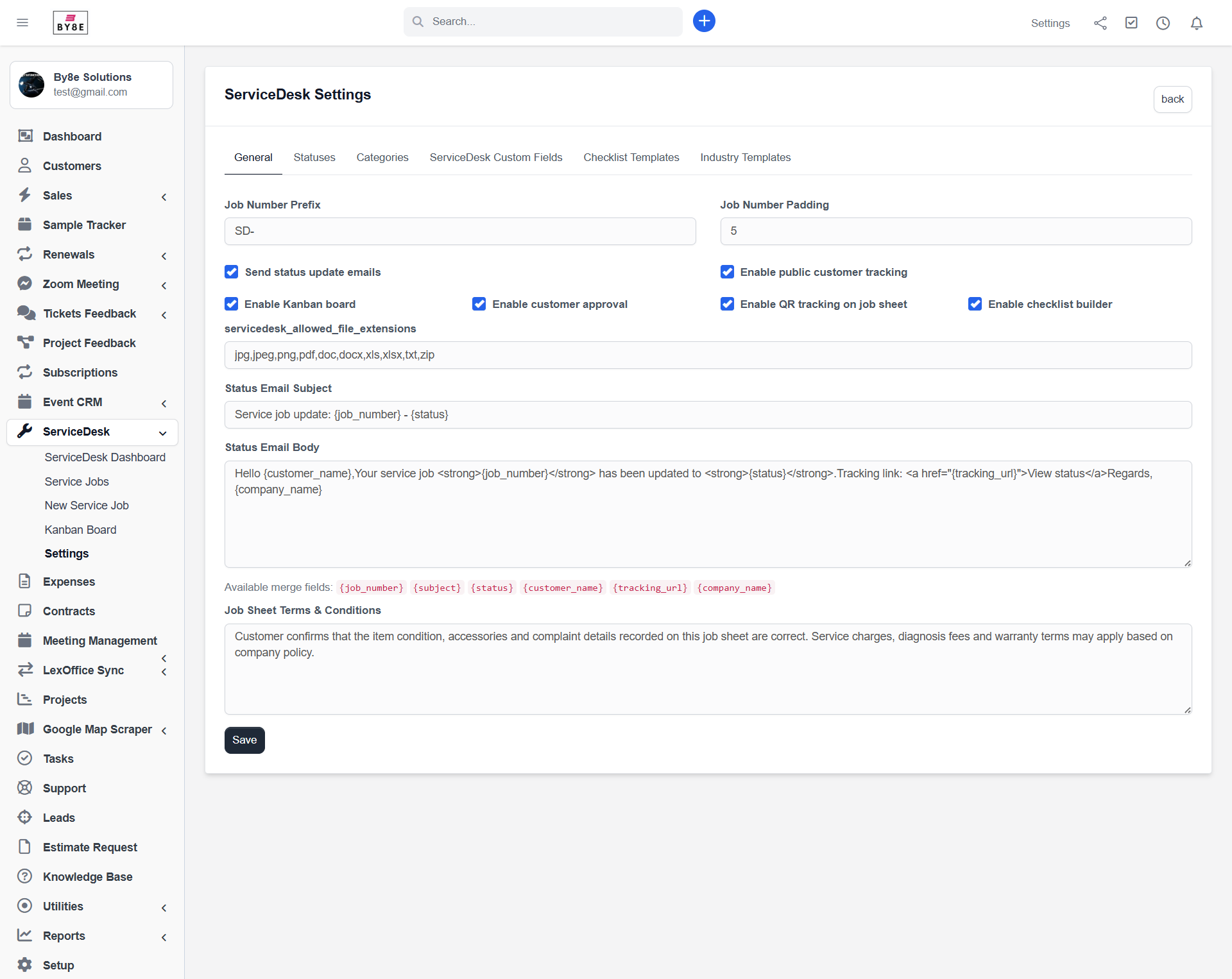 ServiceDesk settings screen