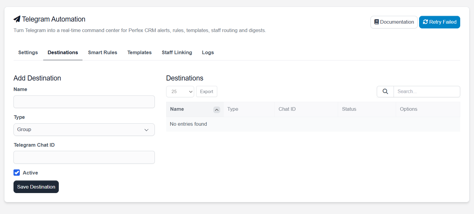 Destinations tab